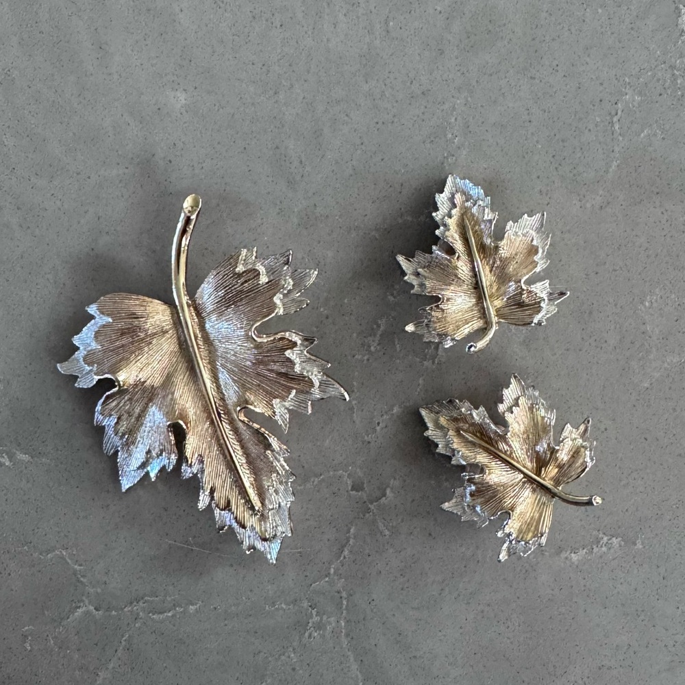 Vintage Gold and Silver Leaf Brooch and Earrings Set